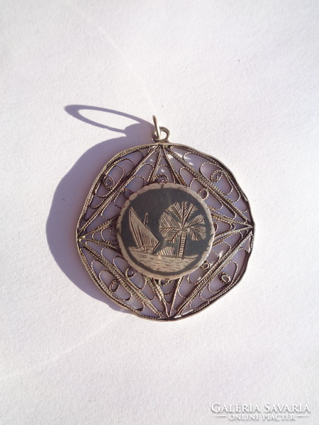 Oriental pendant with palm wood, niello, filigree technique