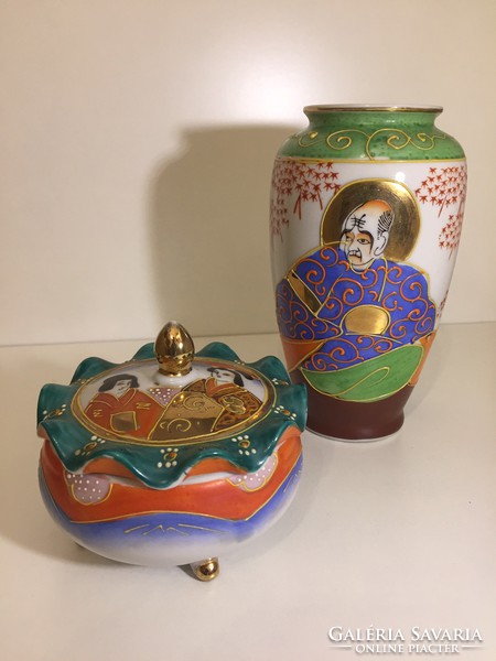 Arannyal festett japán porcelán váza és bonbonier - Satsuma (51)