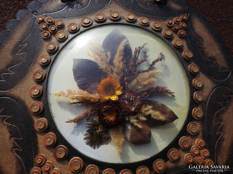 Industrial leather wall picture with dried flower decoration