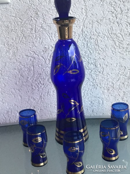 Retro cobalt blue liqueur set with gold leaf pattern decor, borské sklo