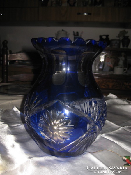 Polished blue heavy, crystal vase 16 x 22 cm, very showy piece