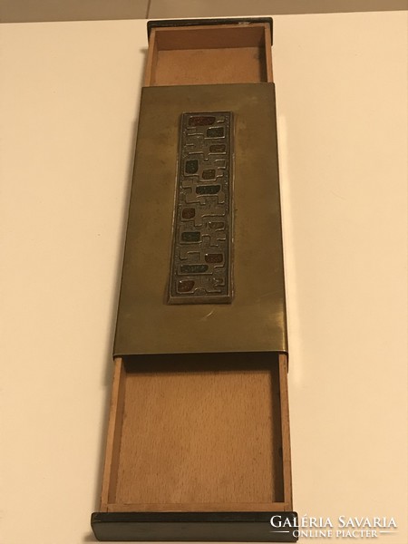 Retro iparművészeti kártyadoboz rézből fa fiókokkal