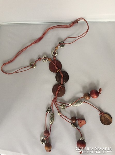 Necklace on leather strap, wood, with metal pendants, adjustable length (8f)