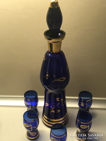 Retro cobalt blue liqueur set with gold leaf pattern decor, borské sklo