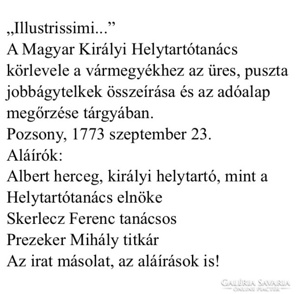 Pozsony 1773 szeptember 23. Magyar. Királyi helytartótanács körlevele!!