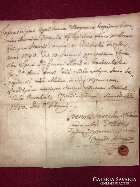 Gyöngyös. 1750. február 1.-Trencséni Antal Keresztlevele! Kiállította:Kálmán János József  plébános