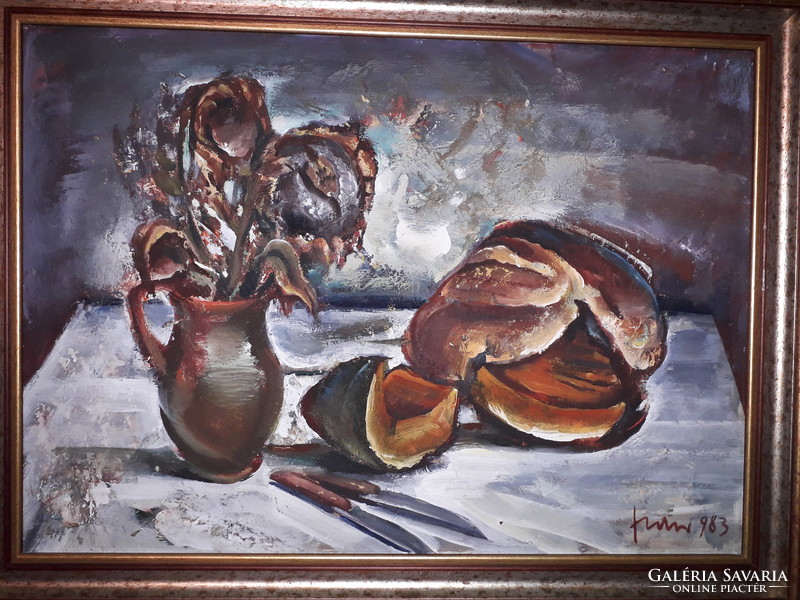 Egy kifejező alkotás Fodor József - Téli csendélet - olaj / farost festmény 80 cm x 60 cm 1983-ból