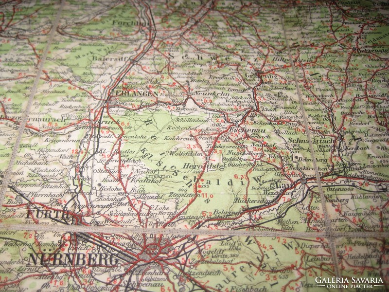 Old bicycle and car map map, Nuremberg area 39 x 31 cm good condition