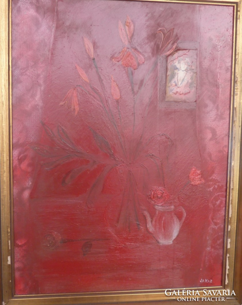JAKAB ESZTER: Csendélet - olaj, kerettel 60x80 cm - "VIRÁGOK LAUTREC" a hátoldalon (vörös, tűzpiros)