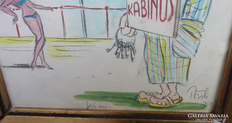 Strandi karikatúra (1961, "Török" jelzéssel, 20x30 cm) fürdőzés, nyár, kabinos, mély víz