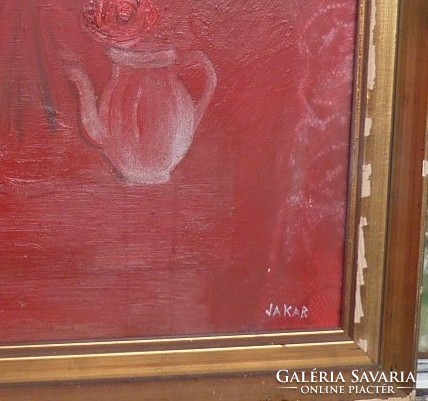 JAKAB ESZTER: Csendélet - olaj, kerettel 60x80 cm - "VIRÁGOK LAUTREC" a hátoldalon (vörös, tűzpiros)