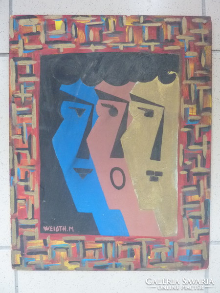 Arckép háromszor, olajfestmény (30x39 cm, "Weigth" jelzés) festett keret, színes, portré, érzelmek