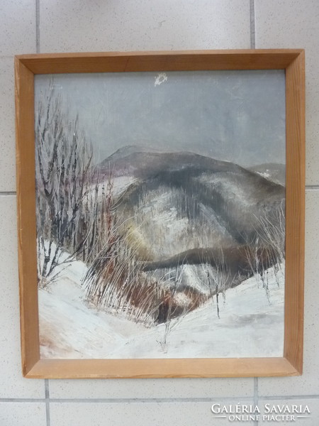 Nemes Béla: winter landscape, oil painting (framed, 37.5x42 cm, with certificate) landscape, mountain, hill, snow, ice