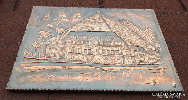 Marked goldsmith's work made of a large red copper sheet on a wooden panel - alpine house