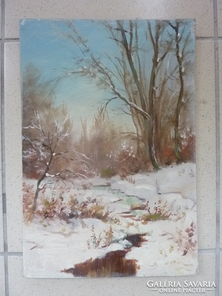Havas táj, olajfestmény (23,5x35 cm, rétegelt fán) téli tájkép, természet, hó, jég, fagy)