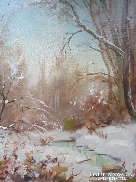 Havas táj, olajfestmény (23,5x35 cm, rétegelt fán) téli tájkép, természet, hó, jég, fagy)