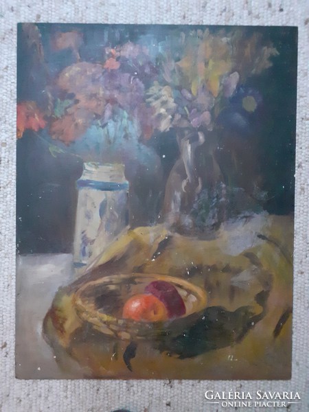 VIRÁGCSENDÉLET ALMÁKKAL - olajfestmény, 60x78 cm (gyümölcs, kosár, virág, váza) 