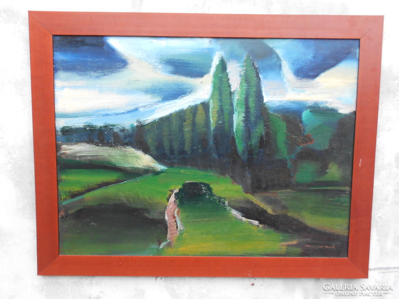 Darabont Tamás (1930-) Táj c. alkotása, Képcsarnokos, nagyméretű festmény,kerettel. Hibátlan.