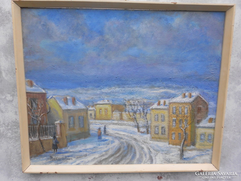 Bokor Vilmos (1897-1984) Budai utca c. alkotása. Olaj-farost. Kiállítási etikett a hátulján.