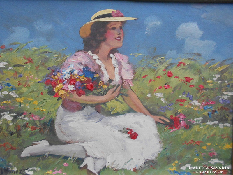 Illencz Lipót (1882-1950) Lány virágokkal, olaj-karton, romantikus alkotása, kerettel
