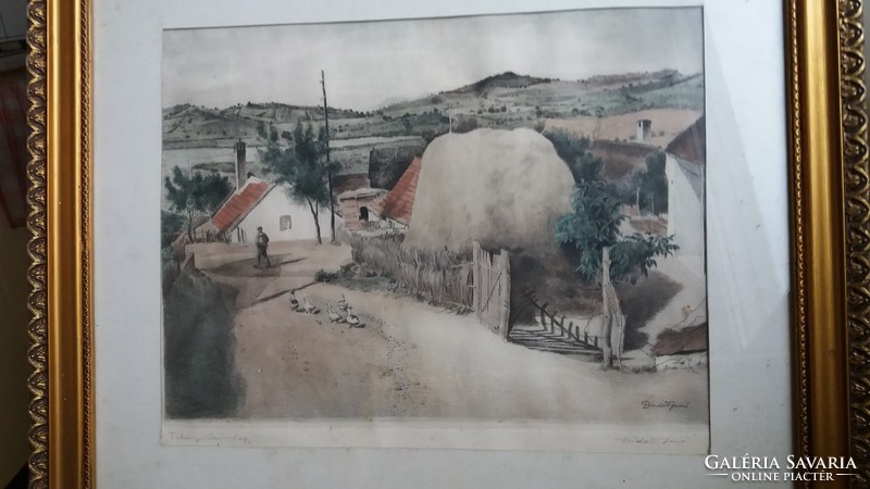 Jenő Dudás: Tihany peak hill rarer perfect etching, in original frame, 57x51 cm