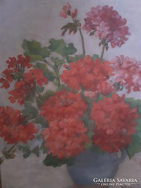 PIROS MUSKÁTLIK (olaj-vászon csendélet, szép keretben 47x57, Vladár Ilona) virágok, természet, vörös