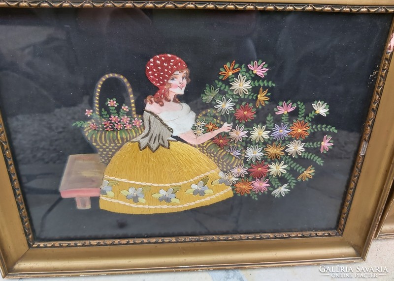Gyönyörű pöttyös kendős lány  fiú kosaras hímzett kép festmény Nosztalgia darab paraszti dekoráció