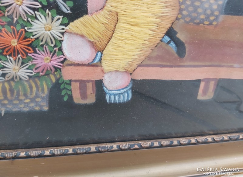 Gyönyörű pöttyös kendős lány  fiú kosaras hímzett kép festmény Nosztalgia darab paraszti dekoráció