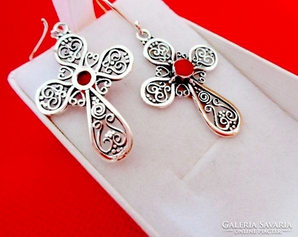 Silver coral inlaid earrings Indonesian needlework