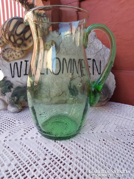 Retro zöld  üveg 20  cm magas Gyönyörű kancsó  nosztalgia darab Gyűjtői szépség paraszti dekoráció