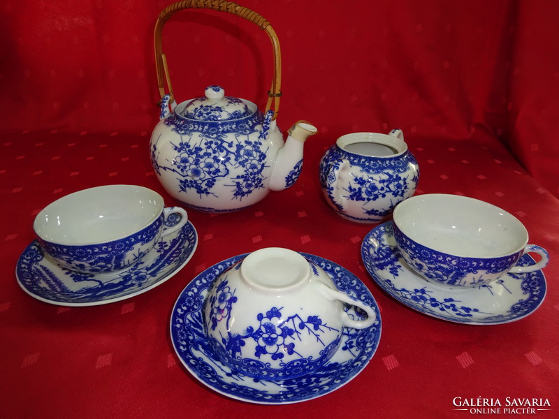Japán porcelán három személyes teáskészlet, kék mintával. Vanneki!