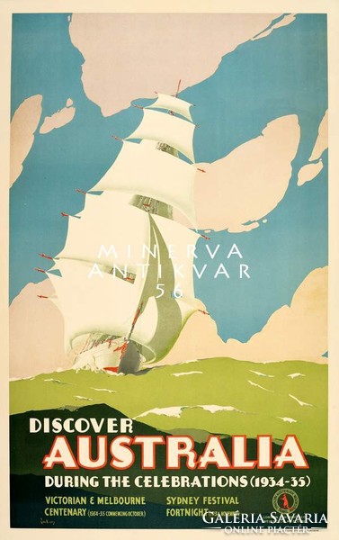 Vitorlás hajó a tengeren hullámok felhős ég Ausztrália utazási hirdetés 1934  Vintage reklám reprint