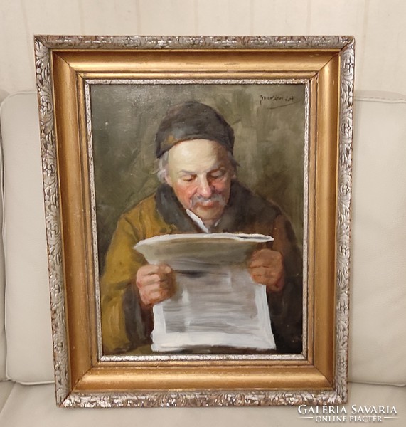 Andor Horváth character painting! In a wooden frame, what's the news? Portrait of a reader. His masters (károly lotz, etc.)