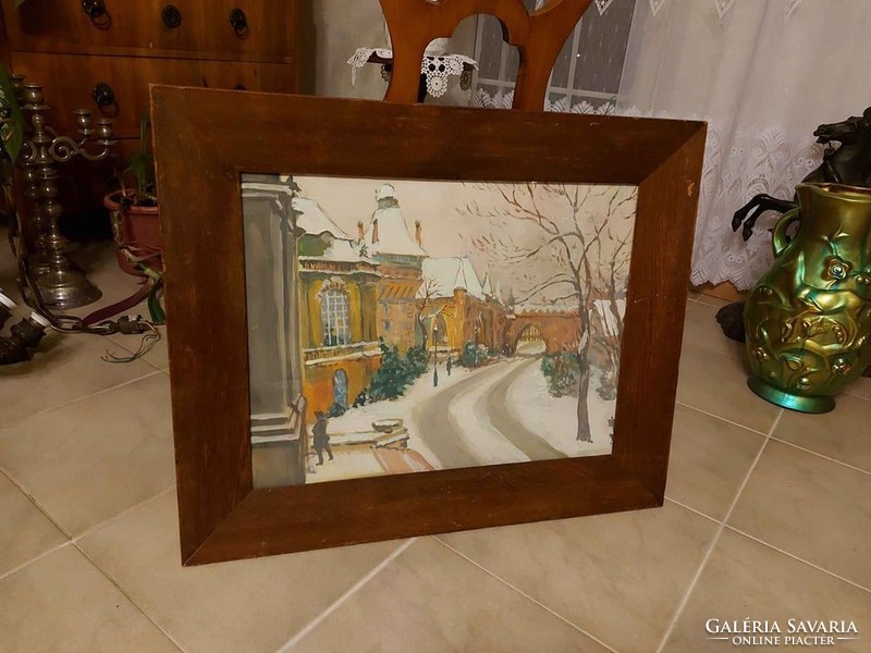 Antik gyönyörű festmény Budai utca télen!