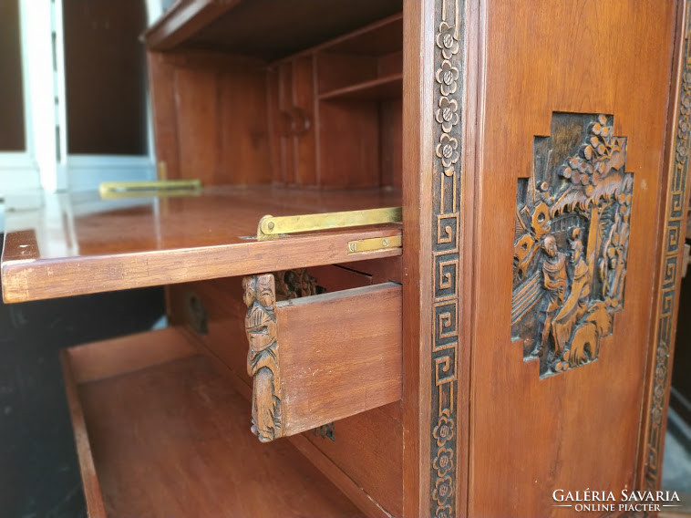 Antik barna dúsan faragott 3 fiókos lehajthatós kínai írószekrény író szekrény ázsia 3813