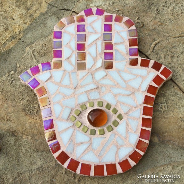 Red and Blue Pearlescent Glass Mosaic Hamsa Hand Fatima Hand Wall Picture Table Decoration Amulet