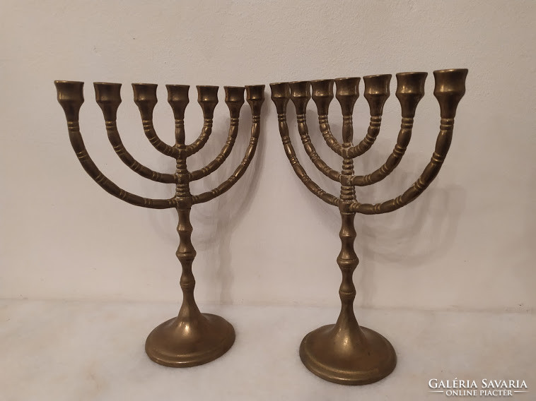 Antik 2 darab réz Judaika zsidó 7 ágú gyertyatartó menora menóra gyertya tartó 3810