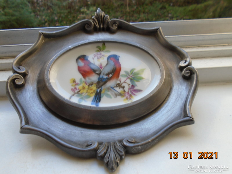 Baroque German Marked Baecher Heavy Tin Frame Oval Schwarzenhammer Porcelain Picture with Colorful Birds