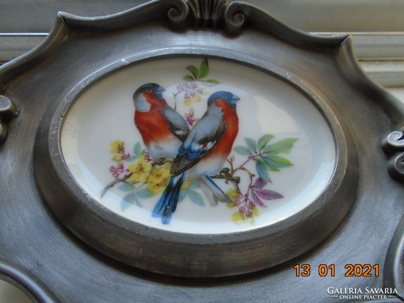 Baroque German Marked Baecher Heavy Tin Frame Oval Schwarzenhammer Porcelain Picture with Colorful Birds