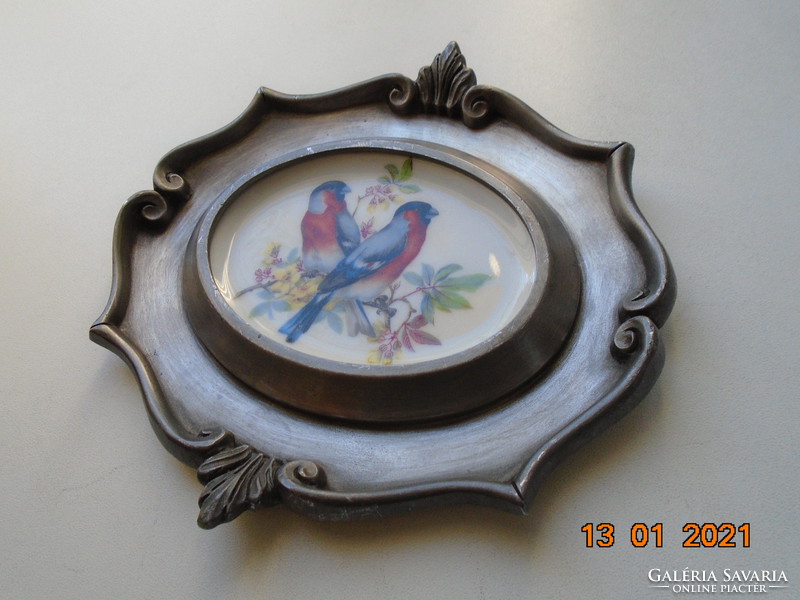 Baroque German Marked Baecher Heavy Tin Frame Oval Schwarzenhammer Porcelain Picture with Colorful Birds
