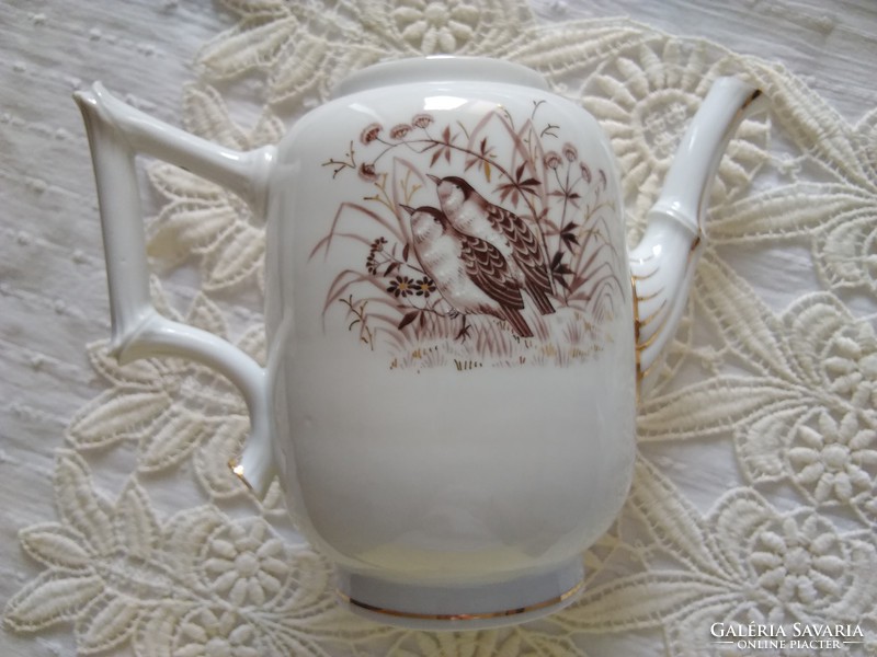 Antik, kézzel festett fehér, barna madármintás porcelán teás kanna szögletes füllel