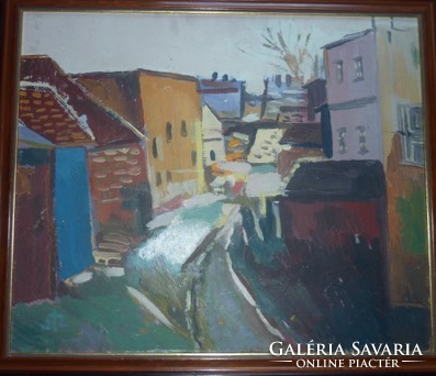 SZABÓ ISTVÁN: Soproni városrész, 1983 KÉPCSARNOKOS, olaj-farost (utcakép, tájkép) 65x55 cm
