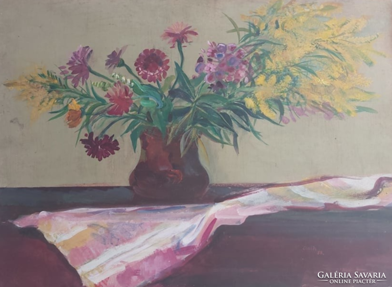 CSÁTH ANNAMÁRIA: Csendélet '86 (olajfestmény 50x70 cm) virágok, kortárs, modern festőművésznő