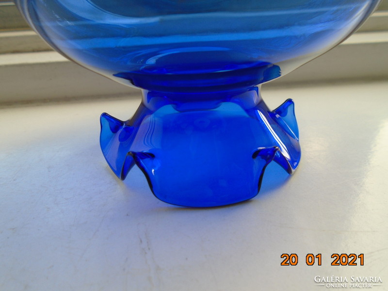 Artist marked glass cobalt blue vase with a ruffled rim with an embossed flower pattern