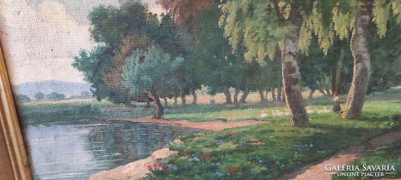 Landscape, lakeside, maybe Lake Balaton, Lake Venice, cozy painting, signaled