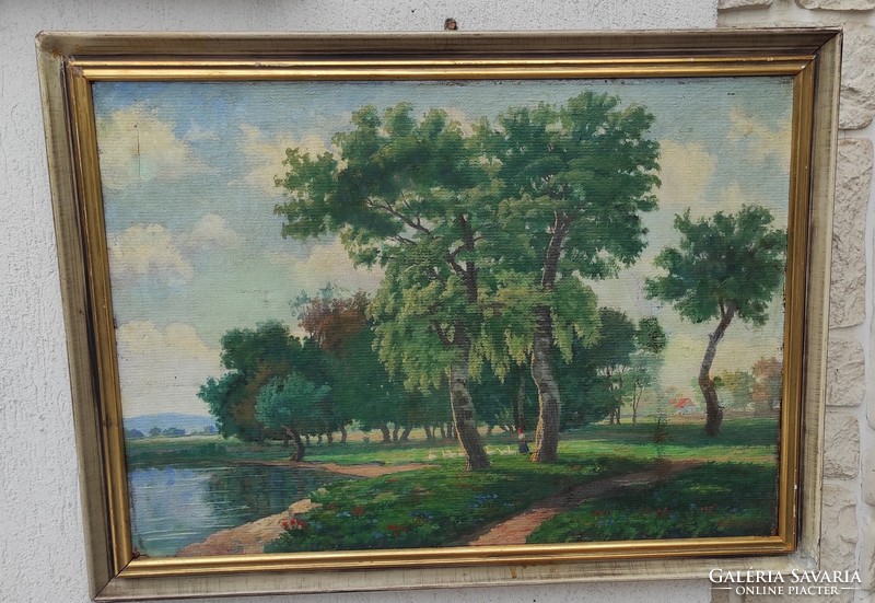 Landscape, lakeside, maybe Lake Balaton, Lake Venice, cozy painting, signaled