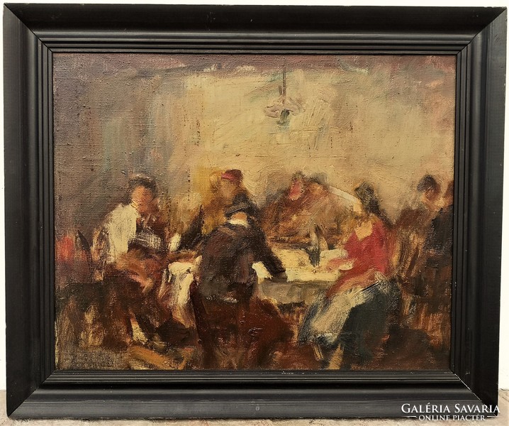 János P. Bak (1913 - 1981) in a pub c. Oil painting with original guarantee !!