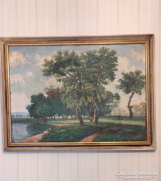 Landscape, lakeside, maybe Lake Balaton, Lake Venice, cozy painting, signaled