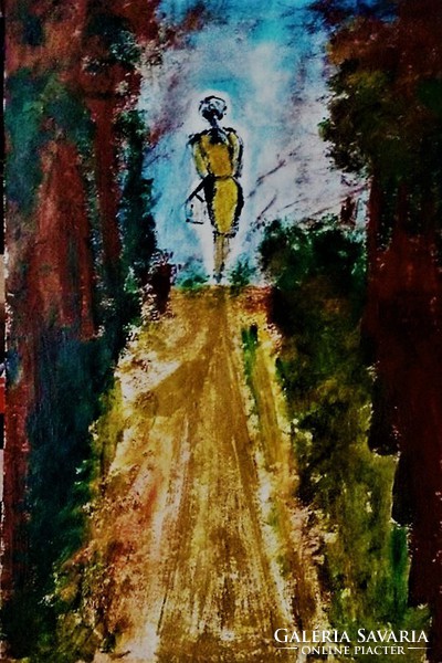 Kata Szabo: "walking" oil - acrylic painting, watercolor paper, 45.5 x 30.5 cm, signed