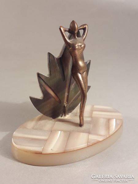 Copper or bronze female nude on a mother-of-pearl base miniature souvenir display case ornament